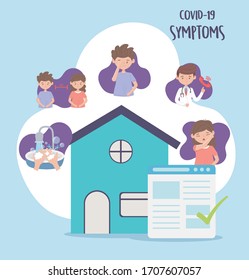 covid 19 quarantine, sick people fever fatigue sore throat symptoms, medical report doctor vector illustration