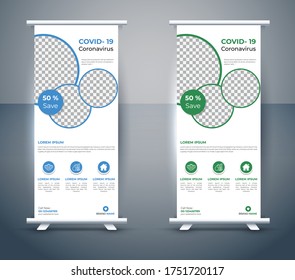 Covid -19 roll up banner design Corona Virus Banner Template Covid-19 Medical Roll Up Banner Template, Shape Design, Blue, Green color