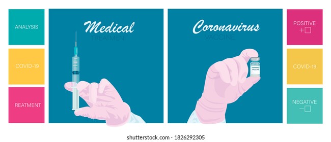 COVID 19. SARS CoV 2. Coronavirus-Impfstoff, Spritze, Injektion. Hand, Impfflaschen, Spritze