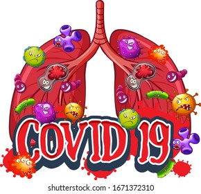 Covid 19 sign template with virus cells in human lungs illustration