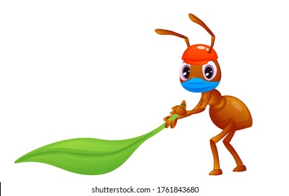 COVID 19, a small ant with a face mask is dragging a leaf, cartoon style vector