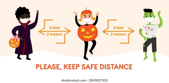 COVID 19 social distancing infographic banner with cute Halloween cartoon characters. Kids in costumes and protection face masks. Corona virus protection measures social info flyer
