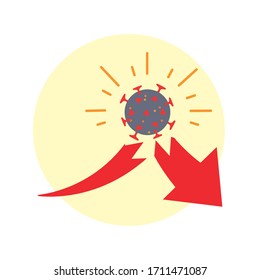 símbolo covid 19 que contrae una flecha financiera rota sobre fondo blanco, diseño colorido, ilustración vectorial