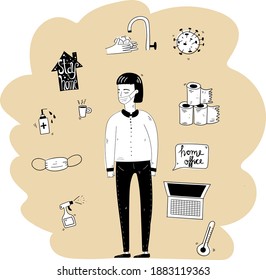 Covid 19 symbols illustration black white toilet paper virus woman wearing mask