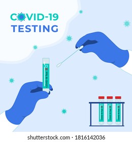 COVID 19 testing. Tubes with saliva sample. Coronavirus test. Lab research and diagnosis. Medicine banner template. Vector concept in flat style illustration.