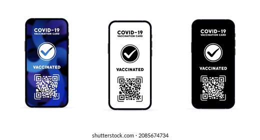 Covid 19 Vaccination Card Icon Set. Online Sertificate On The Phone Screen With Qr Code. Vaccine Passport. Vector EPS 10. Isolated On White Background.