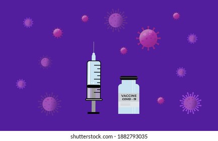 Covid -19 vaccination concept background.Web banner template , poster with virus, syringe and vaccine bottle , vector illustration .