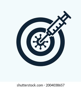 Covid 19 vaccination concept. Syringe with covid vaccine hits in the virus. Target with virus in the center. Vaccine or vaccination concept. Vector illustration.