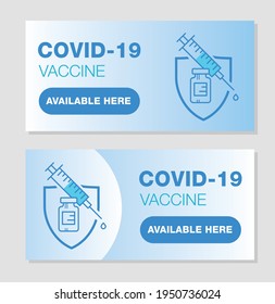 Vacuna de Covid 19 disponible aquí diseño de vector de señalización de tienda médica