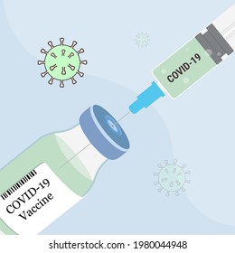 Covid 19 vaccine bottle drug with syringe corona virus background
