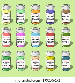Covid 19 vaccine bottle, set in 15 different colors. 