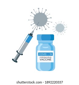 Covid 19 Vaccine Bottle And Syringe Icon Vector. Coronavirus Vaccine Icon Isolated On A White Background. COVID-19 Vaccine Bottle, Injection And Virus Silhouette Icon Set Vector