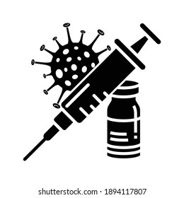 注射とコロナウイルスを含むcovid 19ワクチンのアイコン 医療用注射針を用いたワクチン接種ベクター画像 単色の黒のイラスト Covid 19ヘルスクリニック用のテストフラットロゴ のベクター画像素材 ロイヤリティフリー Shutterstock