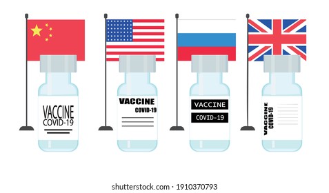 Covid 19 Vaccine On The Background Of The Flags Of China, America, Russia And Great Britain. Illustration On The Theme Of Countries Developing A Vaccine. Vector Flat Objects Isolated On White.