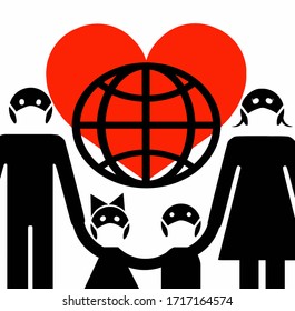 covid 19 vector drawing logo family people masked children heart globe white background illustration