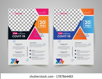 COVID 19 virtuelle Konferenz Flyer Template Design, Medizinischer Produktverkauf, Coronavirus COVID-19 Flyer Vorlage, Flyer, Infografik, modernes Layout, Größe A4, Magazin, Poster, Corporate Presentation, EPS