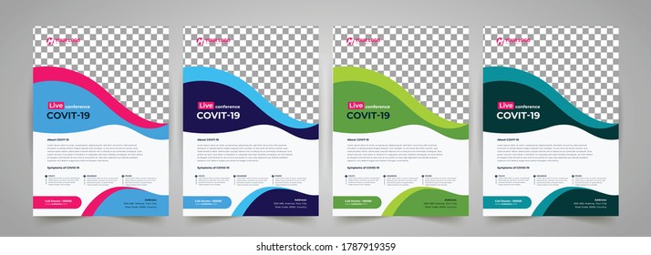 COVID 19 virtuelle Konferenz Flyer Template Design, Medizinischer Produktverkauf, Coronavirus COVID-19 Flyer Vorlage, Flyer, Infografik, modernes Layout, Größe A4, Magazin, Poster, Corporate Presentation, EPS