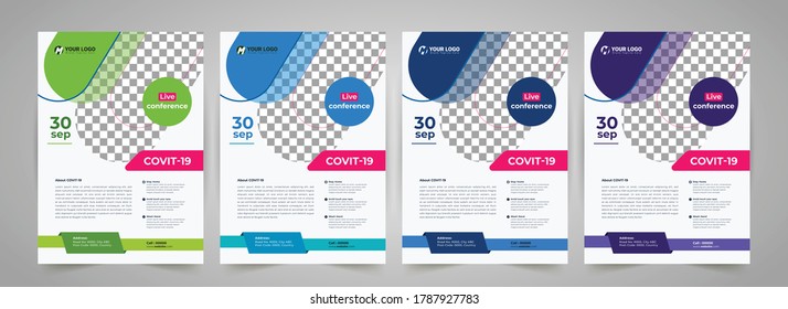 COVID 19 virtuelle Konferenz Flyer Template Design, Medizinischer Produktverkauf, Coronavirus COVID-19 Flyer Vorlage, Flyer, Infografik, modernes Layout, Größe A4, Magazin, Poster, Corporate Presentation, EPS