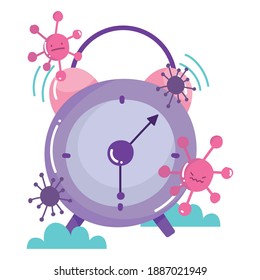 covid 19 virus cartoons and clock design of 2019 ncov cov and coronavirus theme Vector illustration