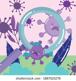 covid 19 virus cartoons and lupe design of 2019 ncov cov and coronavirus theme Vector illustration