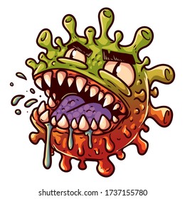 Covid 19 virus character. Vector cartoon virus - angry caronavirus character. Tshirt design, print for tee. Tee graphics. Sticker design. Landing page element. Vector illustration on white background.