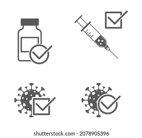 virus covid 19 con marca de verificación e icono de vacunación con jeringa