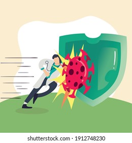 covid 19 virus and doctor man with stethoscope and shield design of 2019 ncov cov and coronavirus theme Vector illustration