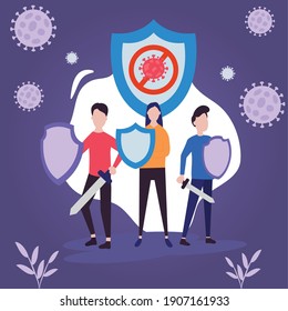 covid 19 virus fight and people with shields and swords design of 2019 ncov cov and coronavirus theme Vector illustration