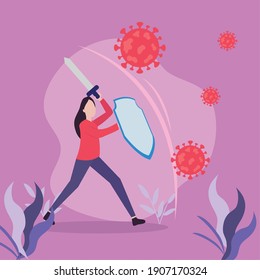 covid 19 virus fight and woman with shield and sword design of 2019 ncov cov and coronavirus theme Vector illustration