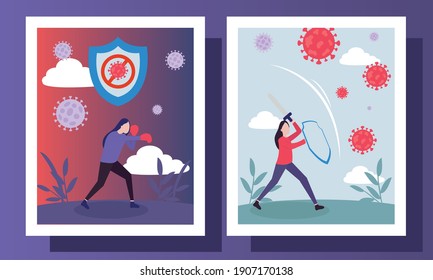 covid 19 virus fight and women in frames labels design of 2019 ncov cov and coronavirus theme Vector illustration