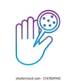 Covid 19 virus inside lupe and hand gradient line style icon design of 2019 ncov cov coronavirus infection corona and epidemic theme Vector illustration