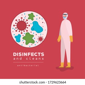 Covid 19 virus and man with protective suit design, Disinfects clean antibacterial and hygiene theme Vector illustration