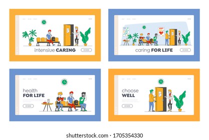 Covid 19 Virus Pandemic Landing Page Template Set. Patients Characters Wear Masks Sitting in Clinic or Hospital Waiting Doctor Appointment for Health Care Treatment. Linear People Vector Illustration