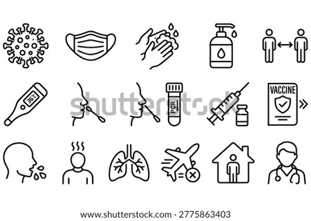Covid 19 virus prevention icons virus mask hand washing sanitizer distancing thermometer swab pcr vaccine syringe medical illustration.