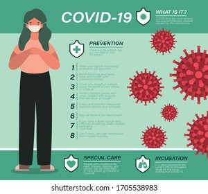 Covid 19 virus prevention tips and girl avatar design of 2019 ncov cov coronavirus infection corona epidemic disease symptoms and medical theme Vector illustration