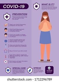 Covid 19 consejos de prevención de virus y avatar femenino con diseño de máscara de los síntomas de la enfermedad del coronavirus cov 2019 y tema médico Ilustración del vector