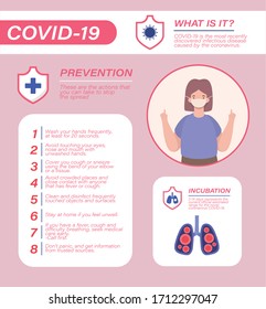 Covid 19 virus prevention tips and woman avatar with mask design of 2019 ncov cov disease symptoms and medical theme Vector illustration