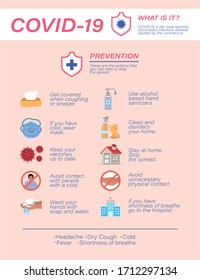 Covid 19 consejos de prevención de virus diseño de 2019 ncov cov cov coronavirus infección corona síntomas de enfermedad epidémica y tema médico Ilustración vectorial