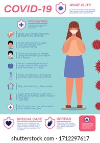 Covid 19 virus prevention tips and woman avatar with mask design of 2019 ncov cov coronavirus disease symptoms and medical theme Vector illustration