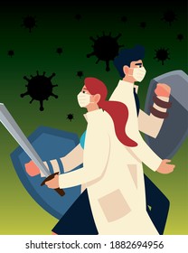 covid 19 virus protection doctors with masks and shields design of 2019 ncov cov and coronavirus theme Vector illustration