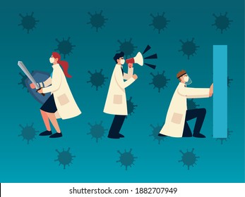 covid 19 virus protection and doctors with masks sword and megaphone design of 2019 ncov cov and coronavirus theme Vector illustration
