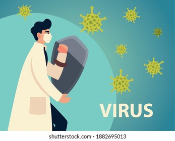 covid 19 virus protection and man doctor with mask and shield design of 2019 ncov cov and coronavirus theme Vector illustration