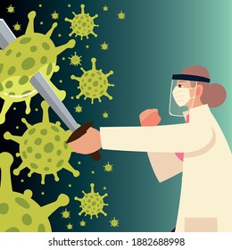 covid 19 virus protection and woman doctor with mask and sword design of 2019 ncov cov and coronavirus theme Vector illustration