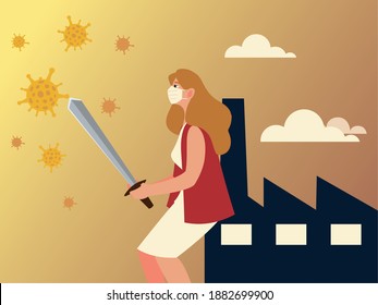 covid 19 virus protection and woman with mask and sword in front of factory design of 2019 ncov cov and coronavirus theme Vector illustration