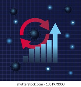 Covid 19 virus stats bars chart with increase arrow gradient style icon design, Data analysis and information theme Vector illustration
