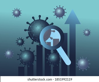 Covid 19 virus stats bars chart with increase arrow and lupe gradient style icon design, Data analysis and information theme Vector illustration