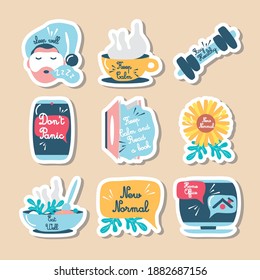 covid 19 virus stickers icon set design of 2019 ncov cov and coronavirus theme Vector illustration