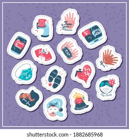 covid 19 virus stickers icons bundle design of 2019 ncov cov and coronavirus theme Vector illustration