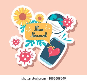 covid 19 virus stickers with smartphone new normal bubble and icon set design of 2019 ncov cov and coronavirus theme Vector illustration