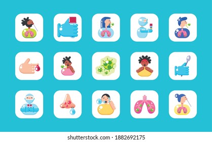 covid 19 virus test icon set in frames design of 2019 ncov cov and coronavirus theme Vector illustration